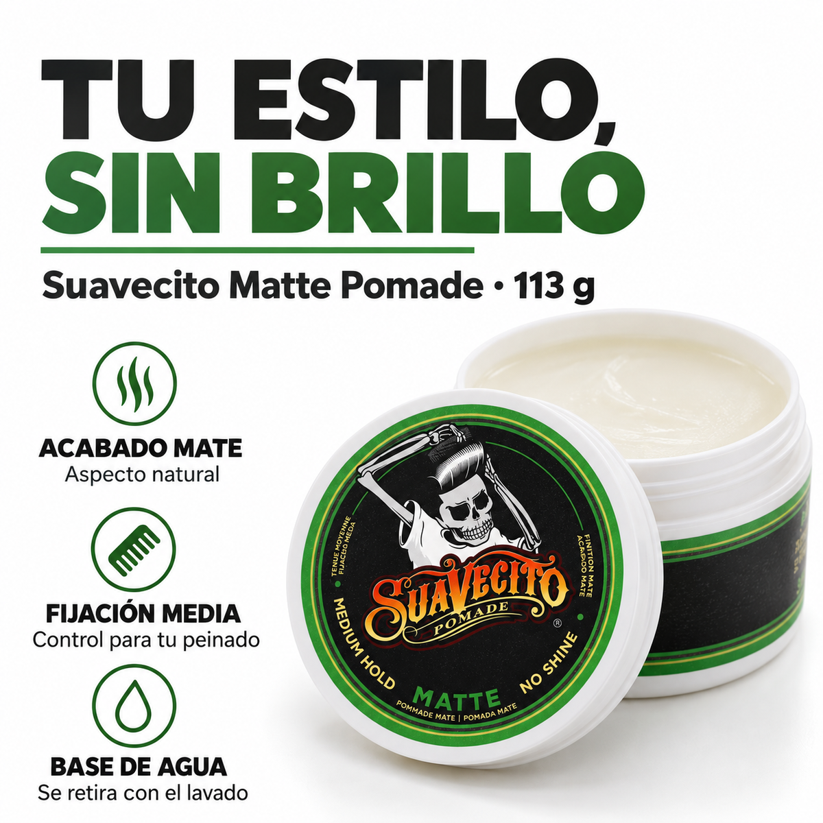 Suavecito Matte Pomade 113gr | Pomada para el Cabello | Fijación Media | Acabado Mate
