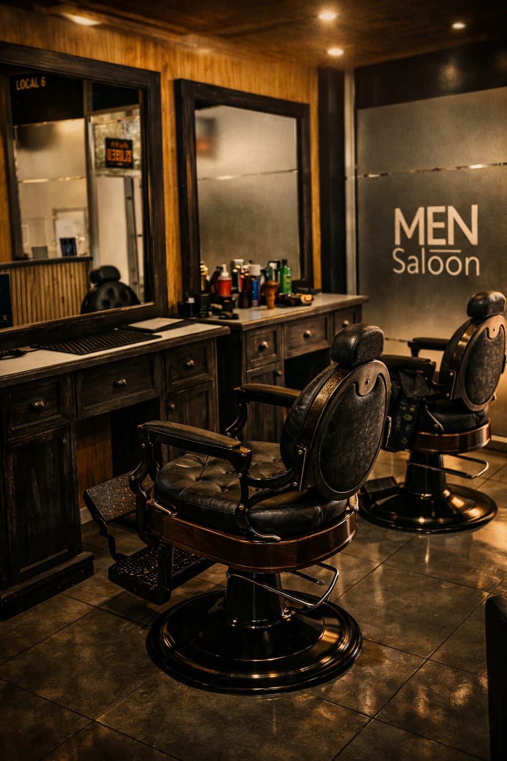 Interior de MenSaloon, barbería clásica para caballeros en Providencia con estaciones de corte profesionales y ambiente elegante.
