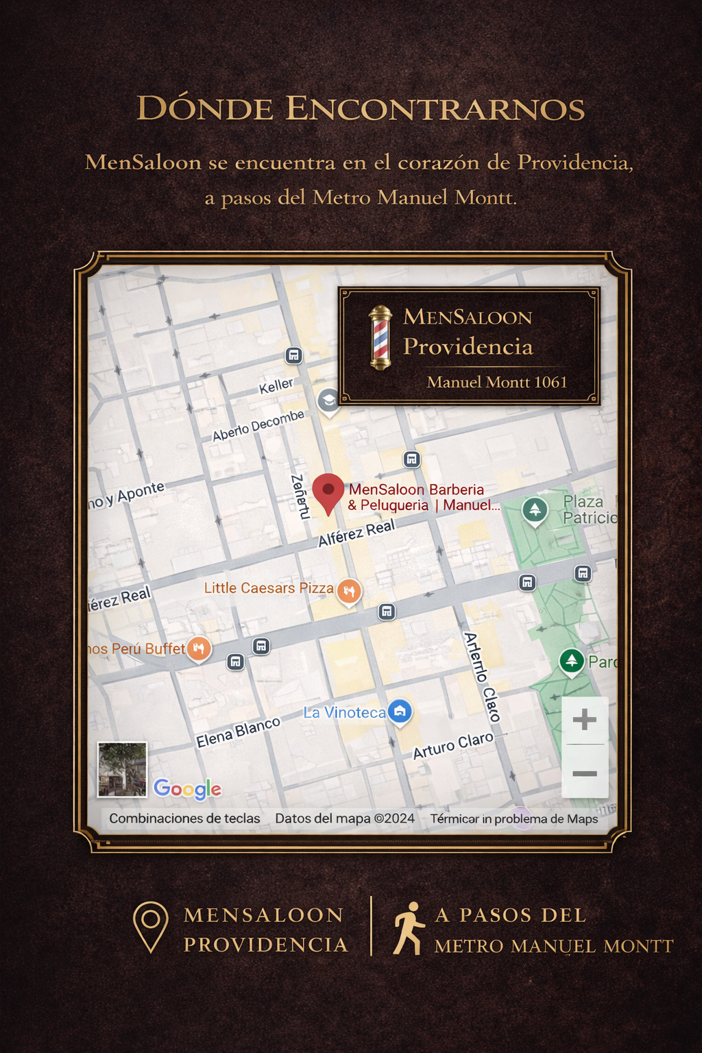 Ubicación de MenSaloon en Google Maps, barbería clásica para caballeros ubicada en Manuel Montt 1061, Local 6, Providencia, a pasos del Metro Manuel Montt